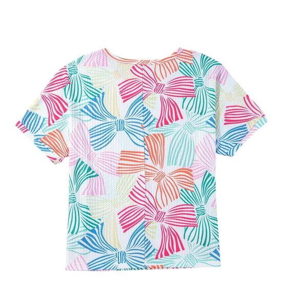 Multicolor Bowknot Printed Waffle Crew Neck Short  Sleeve Top New  M, L, XL - Picture 5 of 10